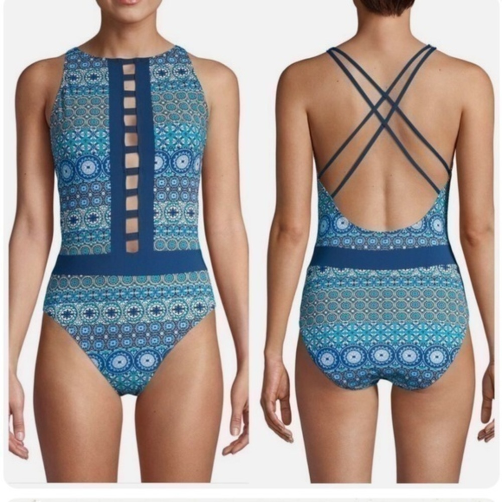 Bleu Rod Beattie Navy Allover Printed One Piece Swimsuit SZ 14